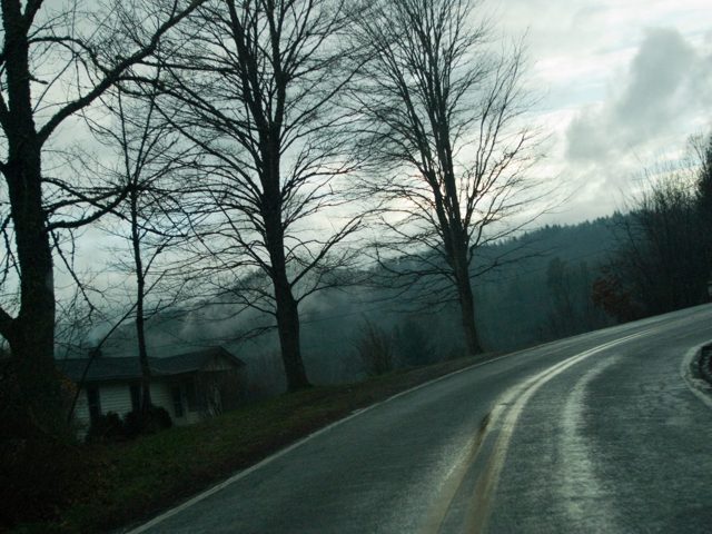 A road bending past a house beneath tall trees