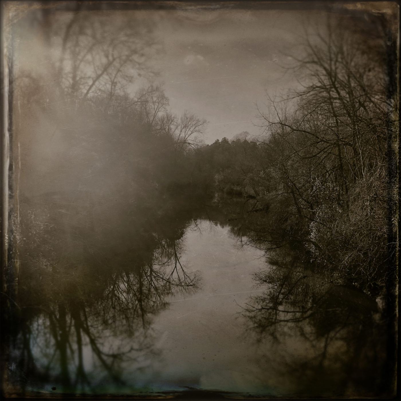 A misty river, its trees reflected