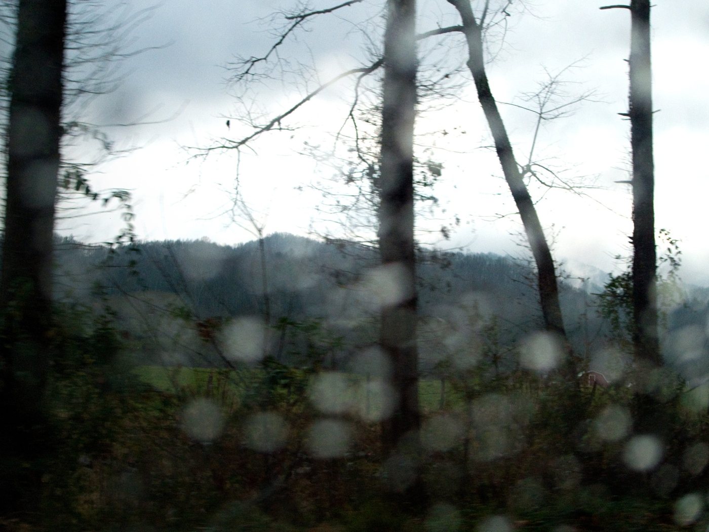 Trees and hills blurred by raindrops