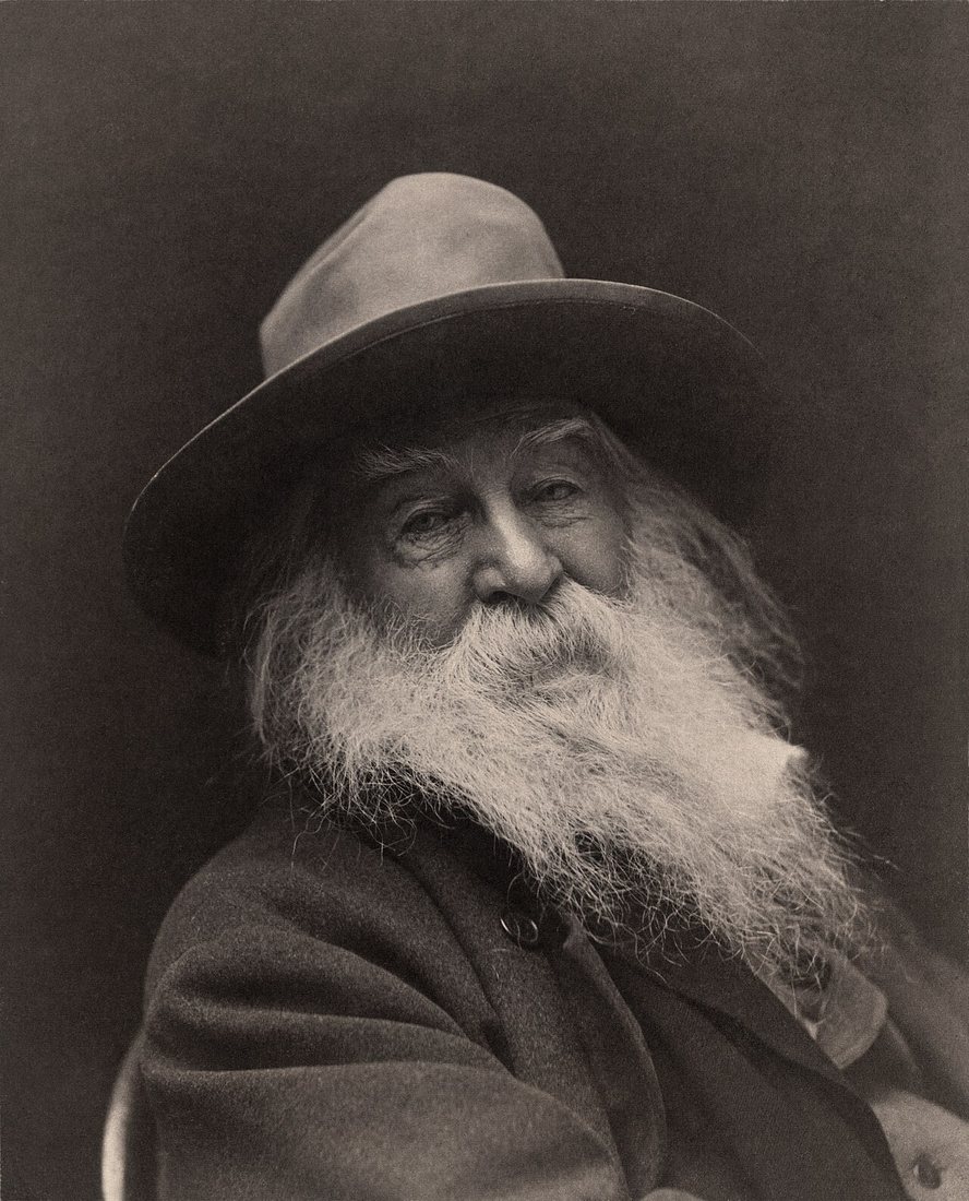 Walt Whitman at sixty-seven, seated, in a wide soft hat and a heavy coat, his white beard full to his chest.